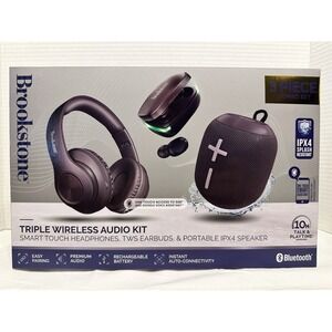 Brookstone 3 in 1 Wireless Audio Kit Headphones Earbuds Speaker IPX4
